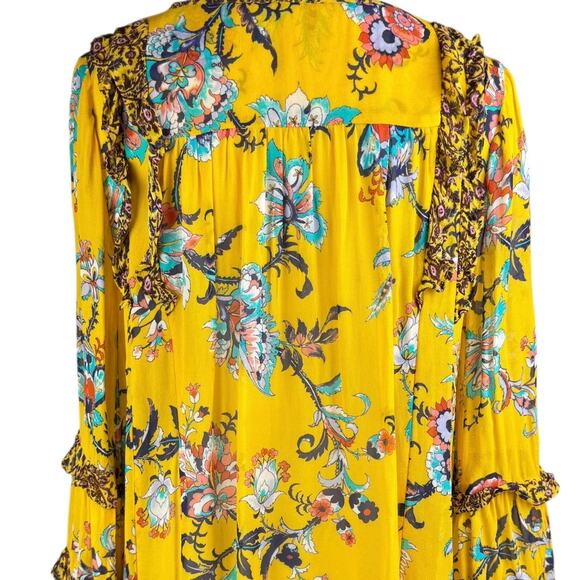 Anthropologie Marigold Yellow Bright Floral Ruffle V-neck Sheer Tunic Blouse - Picture 12 of 15